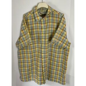 Aaron Chang Mens XL Short Sleeve Button Down Shirt Yellow Blue Orange Plaid 5M66